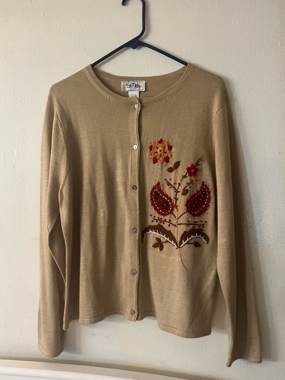 Bob Mackie Beige Cardigan with Red and Gold Floral Embroidery